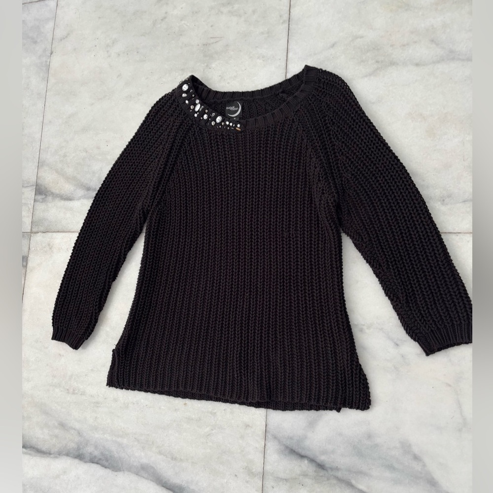 August Moon Sweater Black Embellished Open Chunky Knit Cotton Blend Women Medium - Picture 4 of 9